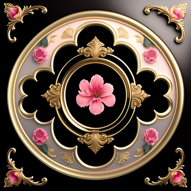 Un cuadro decorativo con flores rosas y ribetes dorados.