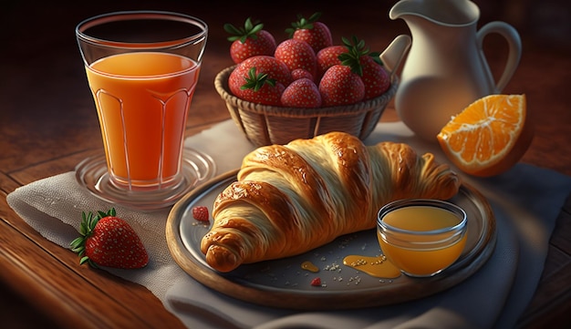 Un cuadro de un desayuno con croissant y una cesta de zumo de naranja.