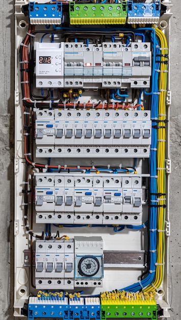 El cuadro de distribución de voltaje con disyuntores está en las posiciones ON y OFF en la caja eléctrica grande para el panel de distribución eléctrica, y los cables eléctricos temporales están conmutados.