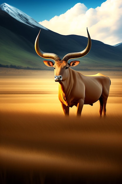 Foto gratuita un cuadro de un toro con montañas al fondo.