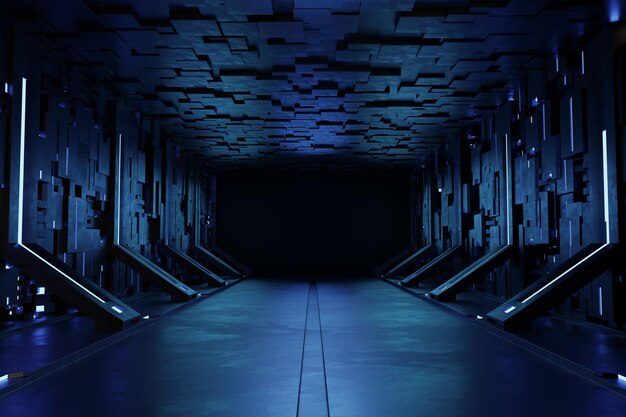 Cuarto oscuro vacío, fondo de ciencia ficción futurista moderno. Ilustración 3D