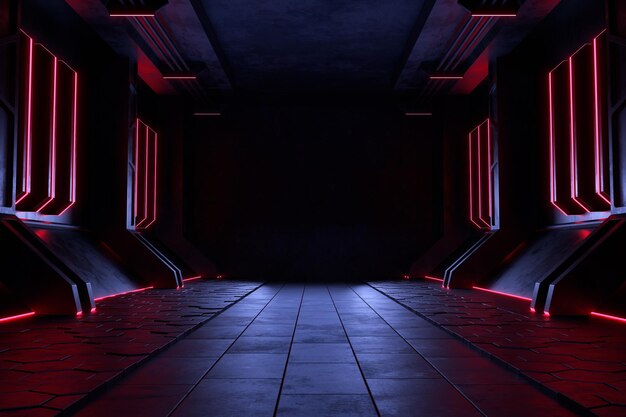 Cuarto oscuro vacío, fondo de ciencia ficción futurista moderno. Ilustración 3D