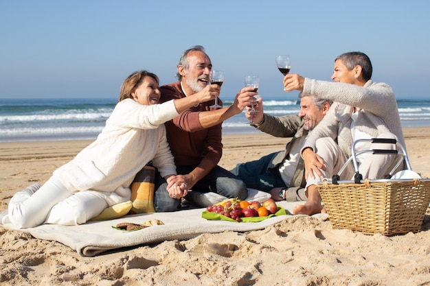 Cuatro amigos mayores haciendo un picnic en la playa en un día soleado, levantando copas de vino tinto y pronunciando tostadas. Dos parejas de mediana edad tintinean vasos, celebrando afuera. Celebración, concepto de ocio.