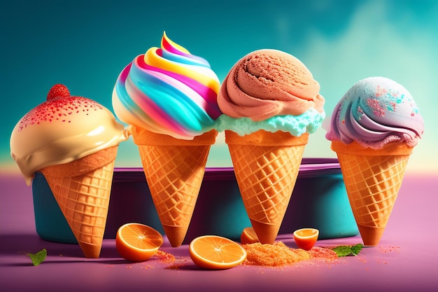 Cuatro conos de helado están sobre una mesa con naranjas y naranjas.