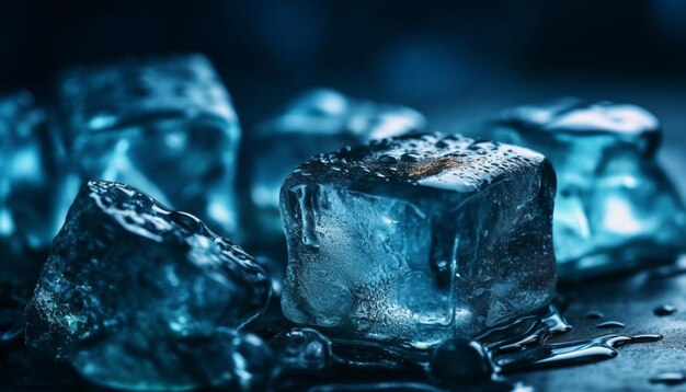 El cubo de hielo de cristal se asienta en un refrescante líquido azul generado por IA