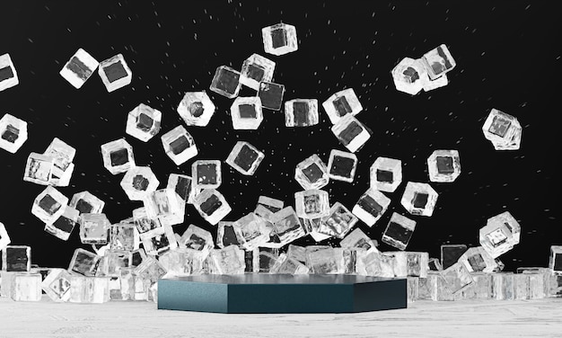 Los cubos de hielo abstractos explotan con la etapa del producto presente para el fondo de publicidad, representación 3d. Foto Premium 