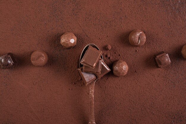 Cuchara con caramelos cuadrados de barra de chocolate y cacao en polvo