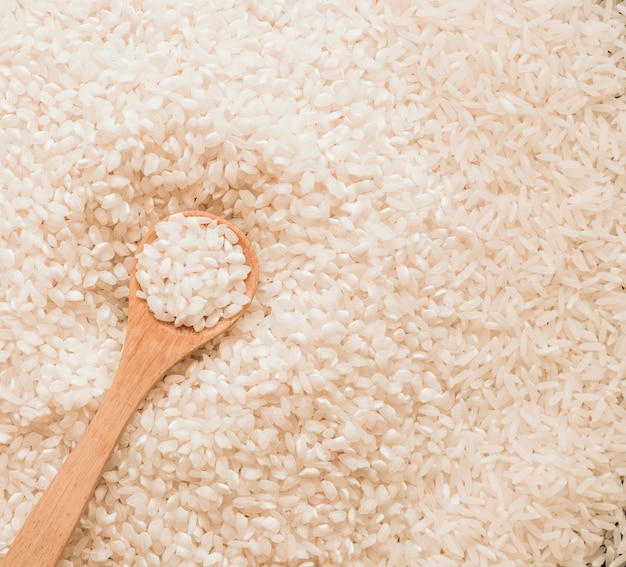 Cuchara de madera en granos de arroz blanco sin cocer