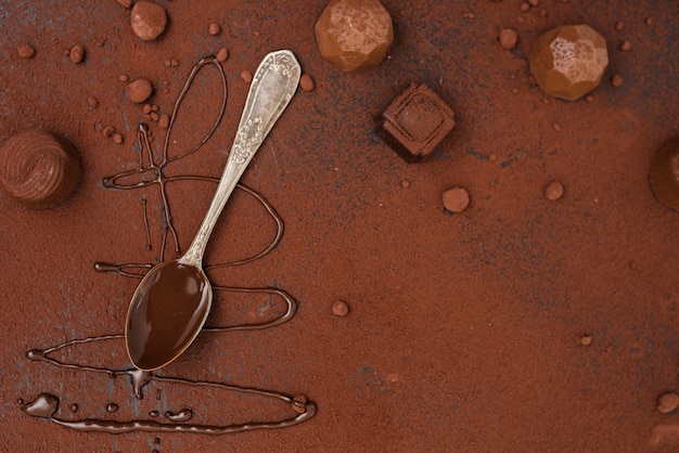 Cuchara con trufas de jarabe de chocolate y cacao en polvo