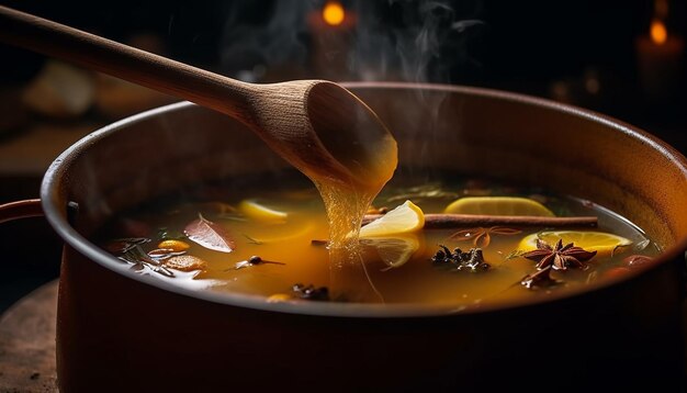 Una cucharada de sopa humeante calienta una comida gourmet generada por IA
