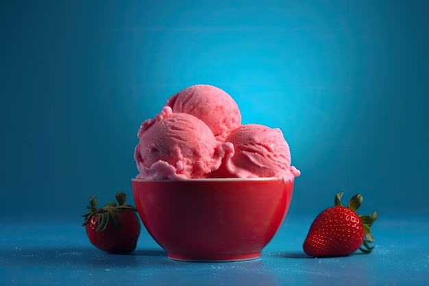 Cucharadas de helado de fresa en un tazón rojo sobre fondo azul Ai generativo