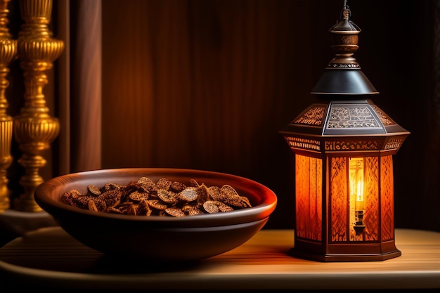 Foto gratuita un cuenco de comida junto a un farol que dice 'ramadan'