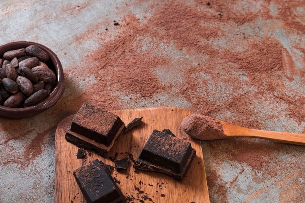 Cuenco de granos de cacao y polvo en cuchara con trozos de chocolate