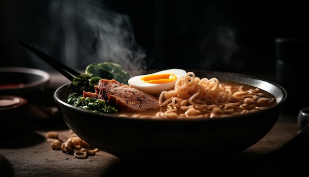 Foto gratuita cuenco humeante de ramen de cerdo con palillos ai generativa