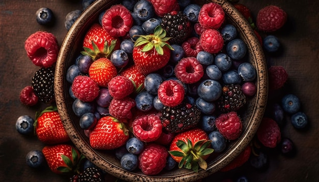 Cuenco rústico de bayas Abundancia de fruta fresca en madera generada por IA