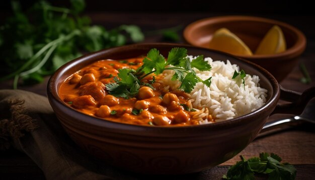 Cuenco rústico de estofado vegetariano con arroz basmati generado por IA