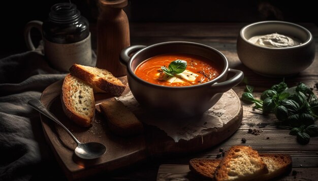 Cuenco rústico de sopa de sopa de verduras gourmet generado por IA