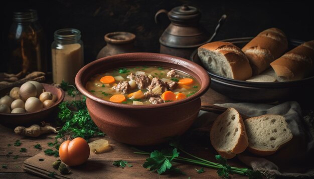 Cuenco rústico de sopa de verduras casera a fuego lento generado por IA