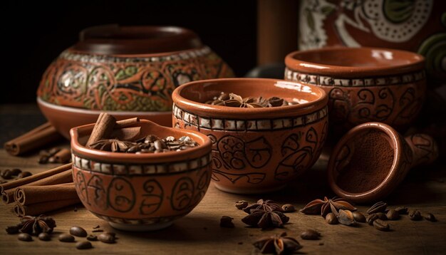 Cuenco de terracota con especias caseras para cocinar generado por IA