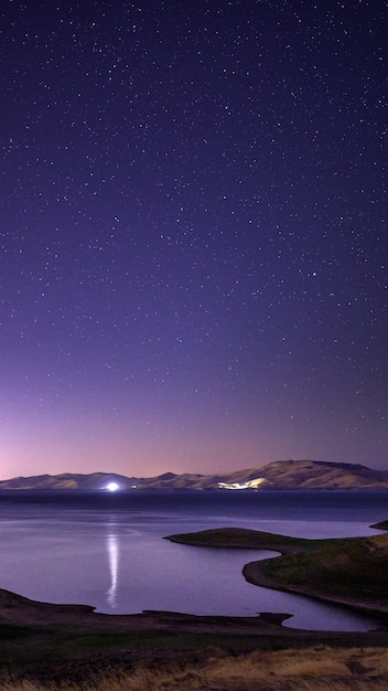 Cuerpo de agua bajo un cielo azul durante la noche