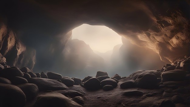 Cueva subterránea con rocas y luz que entra por el agujero representación 3d