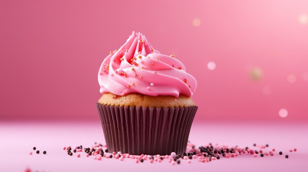 Cupcake aislado de cumpleaños rosa con fondo rosa