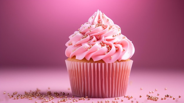 Foto gratuita cupcake aislado de cumpleaños rosa con fondo rosa