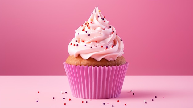 Cupcake aislado de cumpleaños rosa con fondo rosa