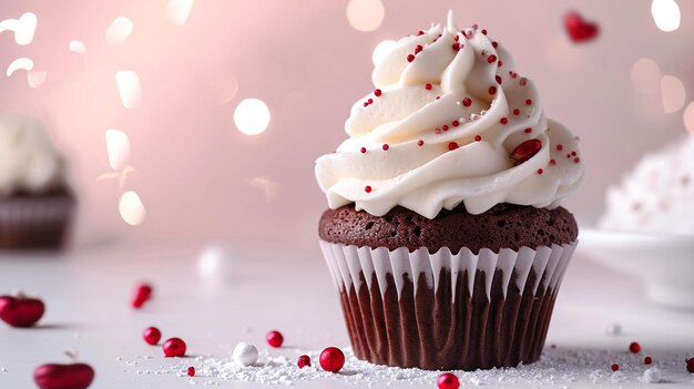 Cupcake de chocolate con crema blanca sobre fondo blanco.