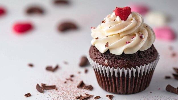 Cupcake de chocolate con crema blanca sobre fondo blanco.