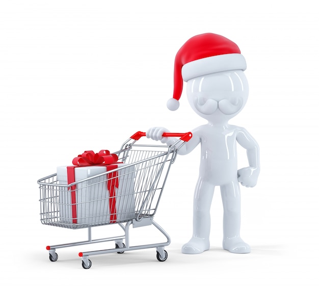 Cute 3d santa con carrito de la compra y regalo de Navidad