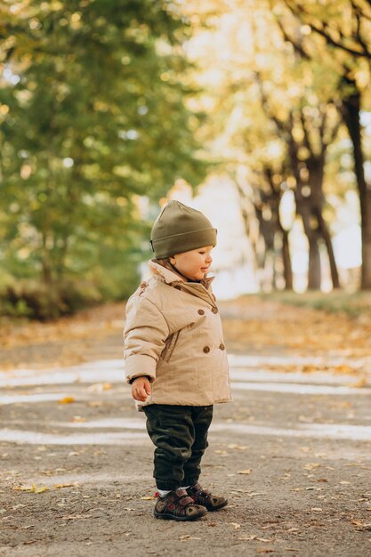 Cute little boy de pie en el parque otoñal