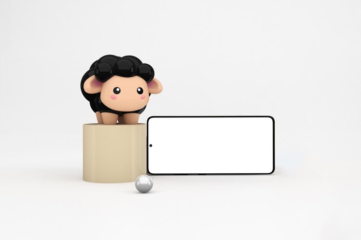 Photo Gratis cute sheep toy with a smartphone on a white background
