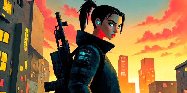 Cyberpunk female warrior in a city at sunset
