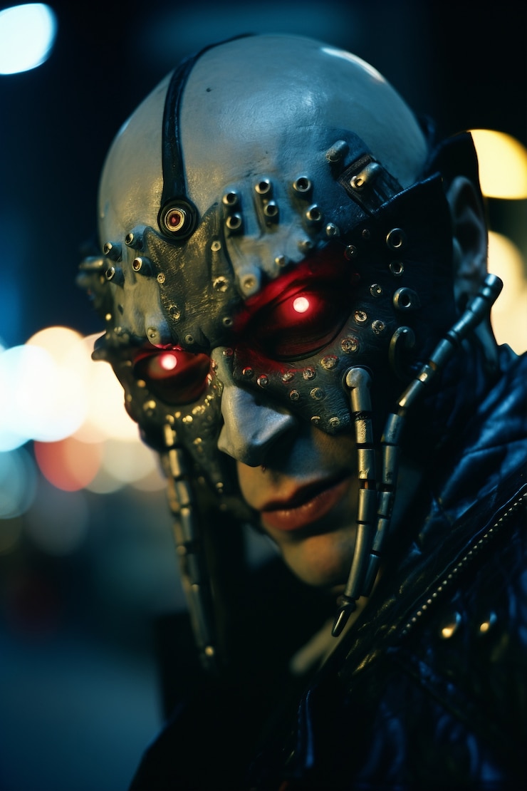 Foto gratuito cyberpunk hombre guerrero en paisaje urbano