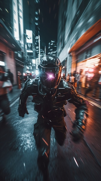 Cyberpunk hombre guerrero en paisaje urbano