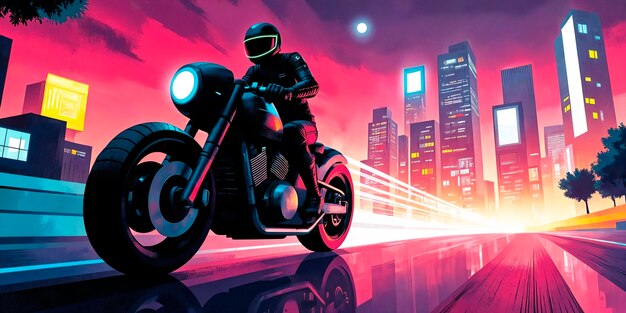 Cyberpunk motorcycle ride through the city