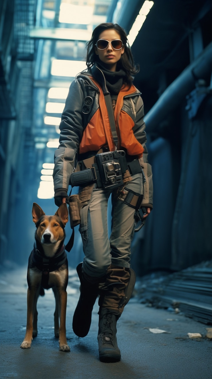 Foto gratuito cyberpunk mujer guerrera con perro