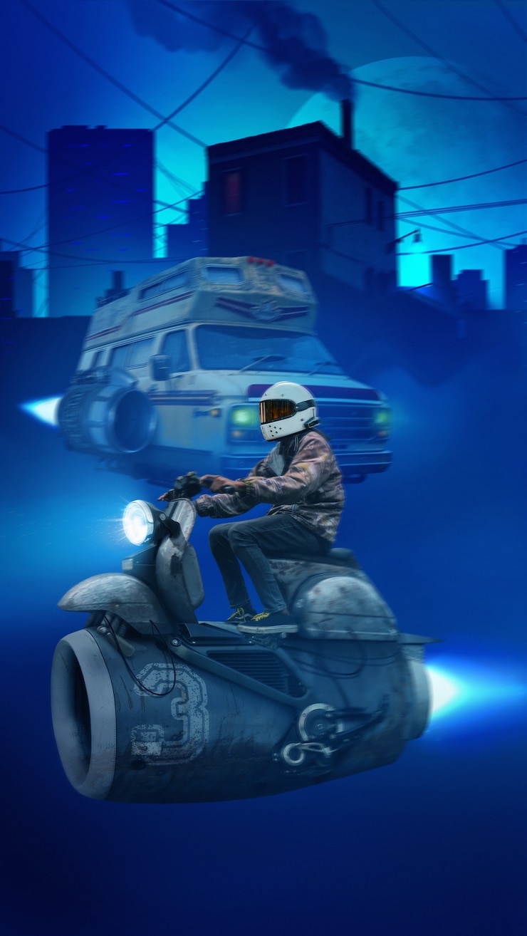 Foto gratuito cyberpunk retrato hombre volador al aire libre