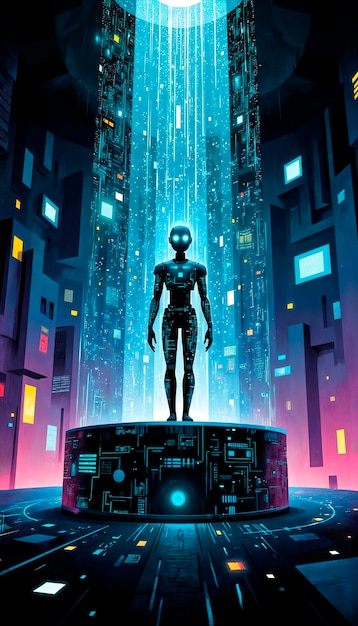 Cyberpunk robot on a futuristic platform