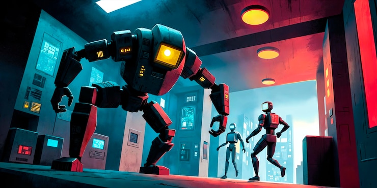 Foto gratuito cyberpunk robots in a futuristic cityscape