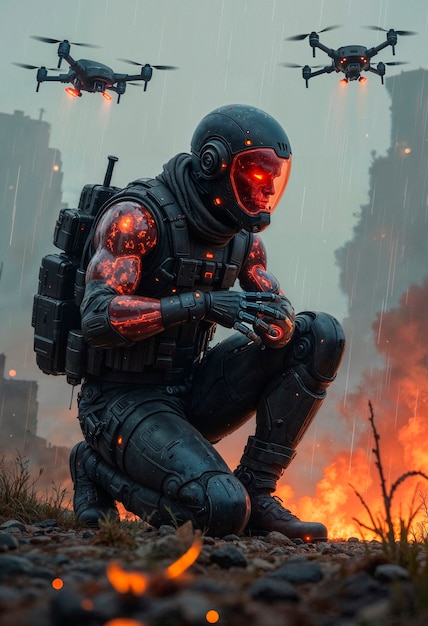 Cyberpunk soldier kneeling in a futuristic combat zone
