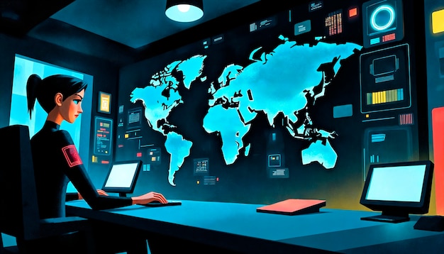 Cybersecurity analyst monitoring global data in a futuristic command center