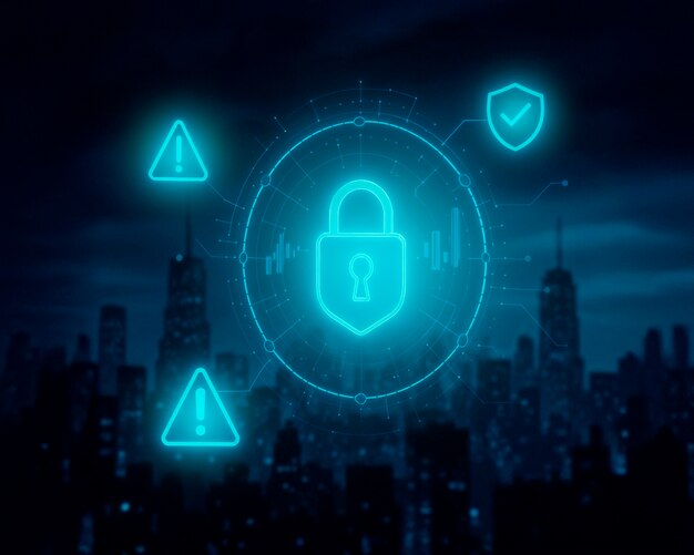 Cybersecurity and data protection concept with neon icons