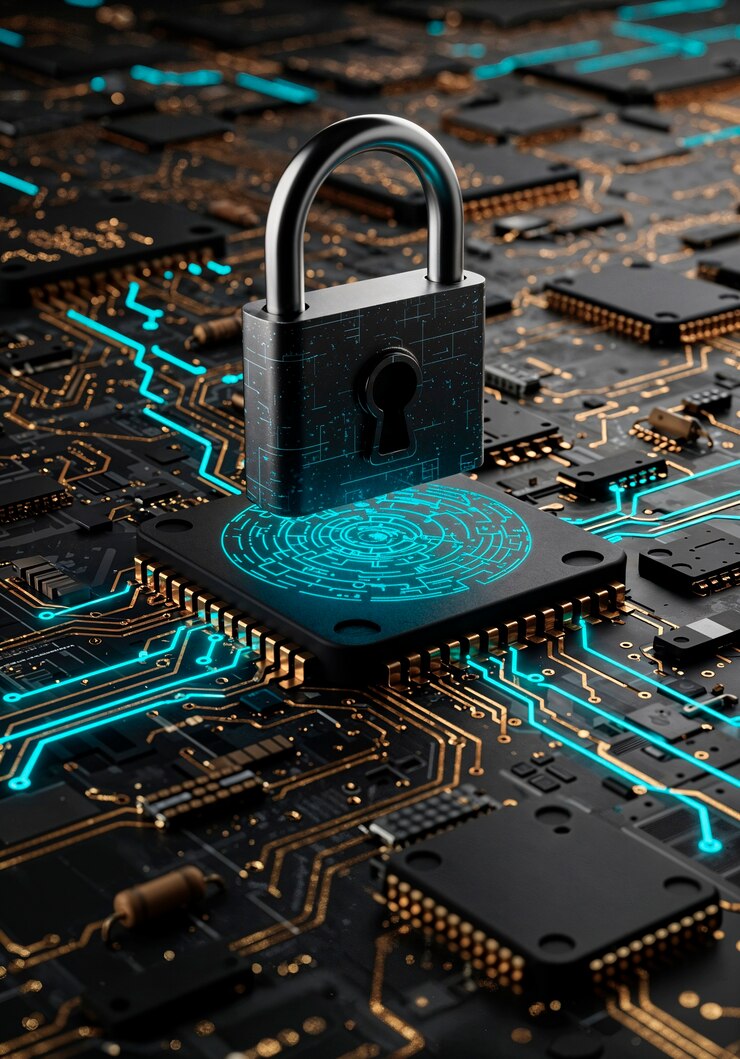 Foto gratuito cybersecurity concept: padlock on a circuit board