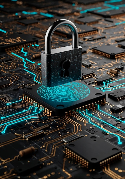 Cybersecurity concept: padlock on a circuit board