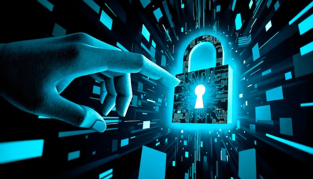 Cybersecurity illustration: hand interacting with a digital lock