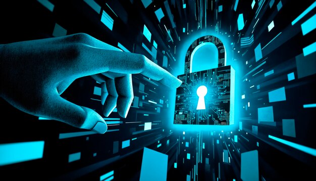 Cybersecurity illustration: hand interacting with a digital lock