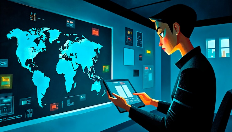 Foto gratuito cybersecurity professional analyzing global data on a digital tablet