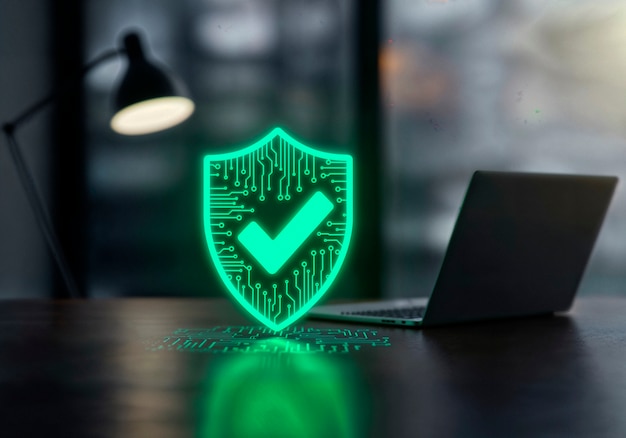 Cybersecurity shield protecting laptop
